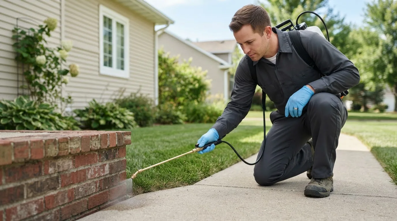 Pest control technician treating a home near Drake, ND