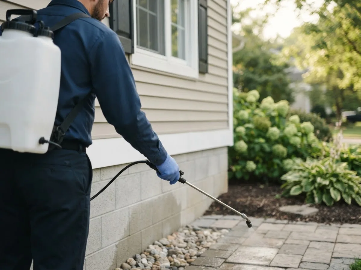 Pest control technician inspecting a home in Drake, ND